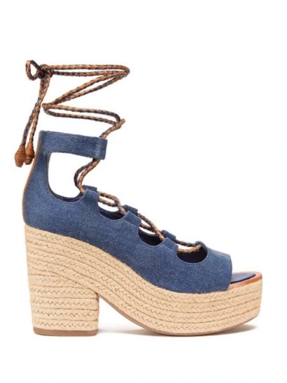 Tory Burch Positano lace-up platform espadrille in denim blue with leather laces